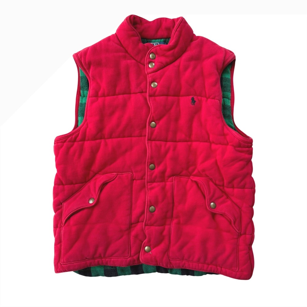 Vintage Polo Ralph Lauren Mens Red Quilted Vest Plaid Lining Snap Front Large